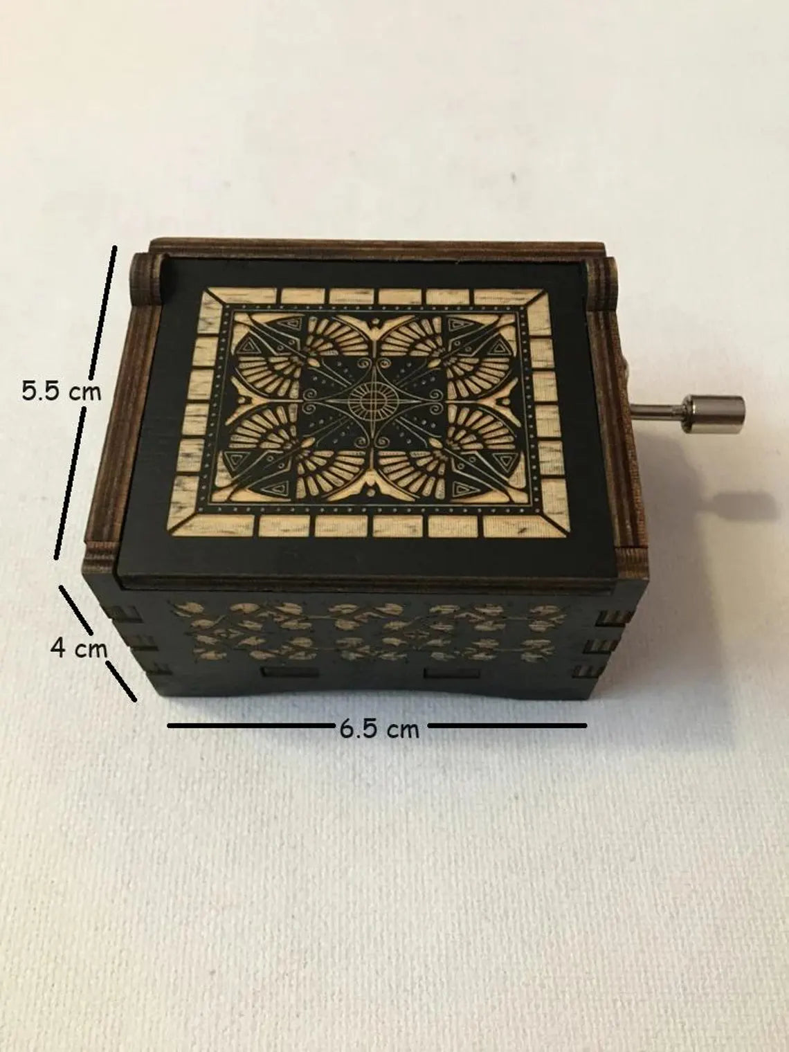 Hand crank music box with beautiful wood engraving